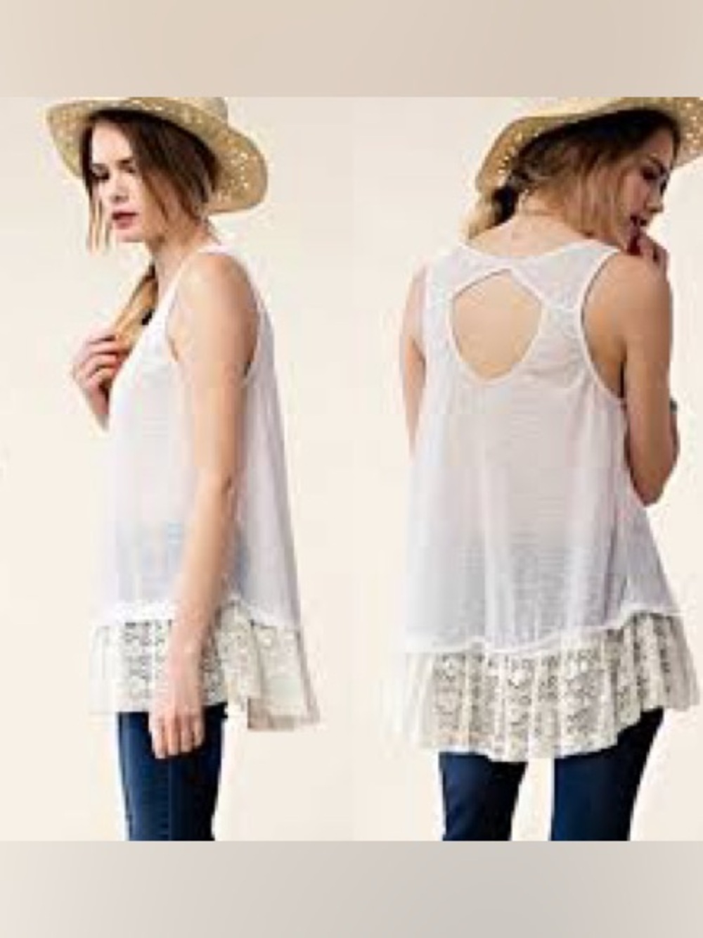 Free People White Sleeveless Lace Hem Tank Top